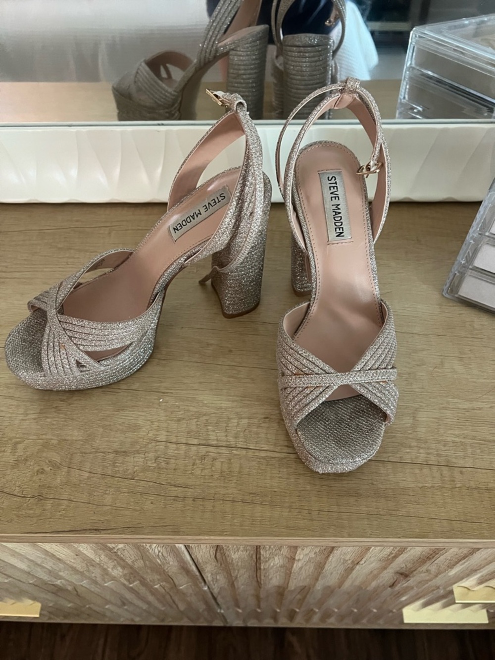 Steve Madden Rose Gold Glitter Platform Block Heels